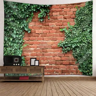 Mesnt Wandbehang Groß, 200x200cm Ziegelmauer und grüne Reben Natur Landschaft Wandteppiche Wandtuch Deko Schlafzimmer | Rot Braun Grün