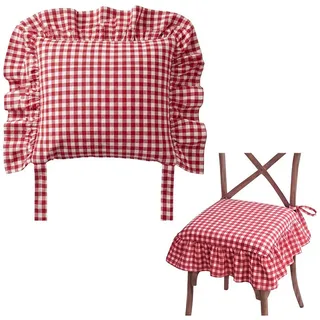 Zyronn Sitzkissen Stuhlkissen mit Volant und Bindebändern, kariert, 45×45 cm Landhaus Stuhlauflage für Esszimmer und Küche rot
