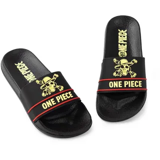One Piece Schwarze Slider für Jungen | Rot-gelbe Freizeitschuhe Emblem | Anime-inspirierte Outdoor- und Homewear | Bequeme Slider mit flachem Absatz für den täglichen Gebrauch - 34 EU