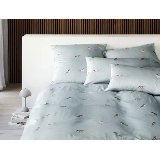 ELEGANTE Mako-Satin Bettwäsche Spätzchen Vögel rauchblau 135 x 200 cm + 80 x 80 cm