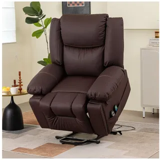 Merax TV-Sessel elektrisch mit Seitentaschen und Getränkehälter, Kunstlederbezug, Massagesessel mit Aufstehhilfe und Wärmefunktion, Fernsehsessel braun