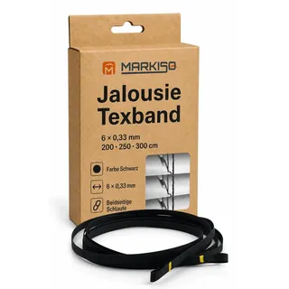 markiso® Texband 6mm Jalousien Schwarz - Jalousieband mit Schlaufe beidseitig [Hergestellt in der Schweiz], Originales Reparaturband für Jalousie, Aufzugsband, Zugband 250cm / 6x0,33mm