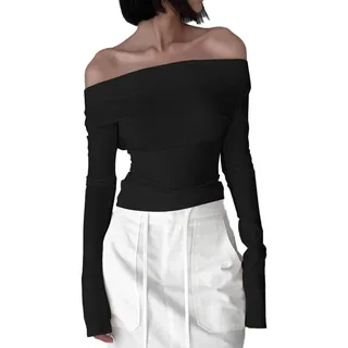 EMOTTOS Frauen Sexy Spitze-Up Tops, Slim Fit Swing Ausschnitt Langarm Crop Top, Weiches rückenfreies Off-Shoulder Lace-Up Long Shirt, Fashion Skinny Y2K Tee Shirt(Schwarz/Weiß, S-XL) - L