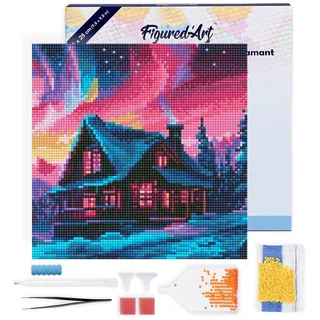Figured'Art Mini Diamond Painting Erwachsene 25x25cm Mit Rahmen Ganze Leinwand gespannt Haus unter dem Nordlicht-Himmel 5D Bilder Runde Steine - DIY Set Basteln