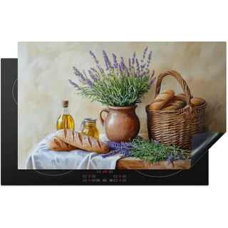 KitchenYeah© Herdabdeckplatte 85x52 cm Einteilig Abdeckplatten Cerankochfeld Abdeckung Ceranfeld Herdplattenabdeckung Induktionsmatte Lavendel - Brot - Stilleben