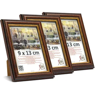3-B Bilderrahmen ARCO RUSTIKAL - 3-Pack - Dunkel Braun/Gold - 9x13 cm - Holzrahmen, Fotorahmen, Portraitrahmen mit Acrylglas
