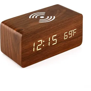 Intelligenter LED-Wecker aus Holz, digital, elektronisch, kabelloses Laden, digitale Holzuhr für Schlafzimmer, Nachttisch, Schreibtisch, B