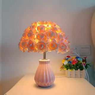 Mengjay Kreative Blumen Schreibtischlampe,E27 Nachttischlampe mit Rosenlichtschirm,Tischlampe aus Keramik Leselampe,Nachtlicht,Vintage Tischleuchte für Schlafzimmer Wohnzimmer Büro (Champagner)