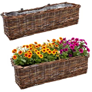 Spetebo Rattan Balkonkasten 2er Set eckig mit Folie Natur dunkel - 60 x 19 cm - Rattan Blumenkasten mit Aufhängung für Geländer bis 3,5 cm - Pflanzkasten Blumenkorb Blumentopf Weidekorb geflochten