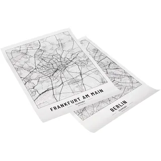 Cool Factory 2 x Stadtplan Poster A2 Schwarz Weiß | 250 Gramm Papier | Bilder für Wohn- und Schlafzimmer | Sehr viele Stadtmotive | Ideale Geschenkidee | Ohne Rahmen | Poster Franfurkt und Berlin