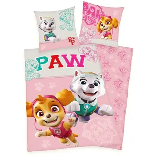 Herding Kinderbettwäsche Paw Patrol 135x200cm Hunde Patrouille, Renforcé, 2 teilig, Everest und Skye, mit Knopfleiste rosa