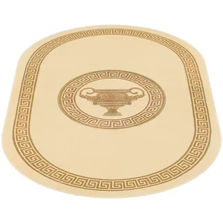 Teppich Oval Wohnzimmer in beige gold Mäander Amphore Griechisch Muster Schlafzimmer Esszimmer Flur mit Fransen - elegant weich Seidenoptik rutschfest öko tex - creme beige gold, 152x230 cm, Oval