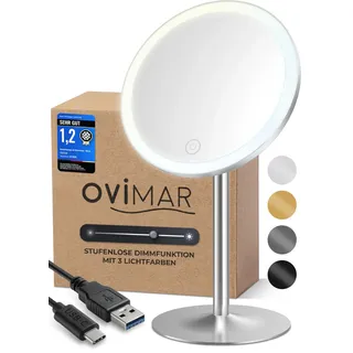 ovimar Kosmetikspiegel Bogo Silber | mit Beleuchtung | wiederaufladbar | freistehend | im Badezimmer | 5fach Vergrößerungsspiegel | Schminkspiegel mit Licht | 360 Grad Spiegel