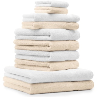Betz Handtuch Set »10-TLG. Handtuch-Set Premium 100% Baumwolle 2 Duschtücher 4 Handtücher 2 Gästetücher 2 Waschhandschuhe Farbe Beige & Weiß«, 100% Baumwolle, (Set, 10-tlg), saugstark und strapazierfähig beige|weiß