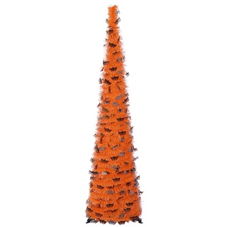 Lovee Tux Künstlicher Bleistift, Halloween-Weihnachtsbaum, zusammenklappbarer Halloween-Baum mit prallen glänzenden Kürbis, Lametta, Pop-Up-Halloween-Weihnachtsbaumschmuck für Zuhause, Party, Orange