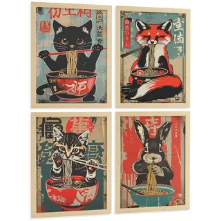 POSTER 4er Set Japanische Ramen Tier-Wandbilder Katze Fuchs und Hase Nudeln Vintage Küche Deko Leichter Holzrahmen A3