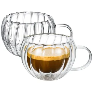 Wilmax - Thermogläser mit Henkel geriffelt - 2er-Set - 300 ml - Doppelwandige Kaffeegläser - Latte Macchiato Gläser Set - Cappuccino Gläser mit Henkel - Teegläser - Trinkgläser - Thermotasse