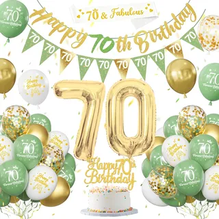 70 Geburtstag Deko Salbeigrüne, Deko 70. Geburtstag Frau Mann, Grün Weiß Gold Luftballons, Party Ballons mit Happy Birthday Flaggen, Tortendeko für 70. Dekoration