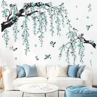 wondever Wandtattoo Baum Ast Blüten Groß Wandsticker Hängende Blumen Blau