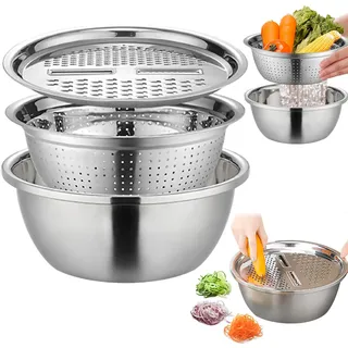 Pomurom Multifunktionales Edelstahl Becken Set, 3 in1 Abflusskorb Rührschüssel Reiben, Stapelbar Küchensieb Küchenreibe Salatschleuder Gemüse Reis Waschsieb Waschschüssel für die Küche