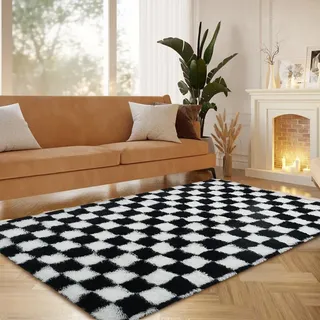 Karierter Hochflor Wohnzimmer Teppiche, Moderner Kuscheliger, 140*200cm, Waschbar bis 30 Grad, Super Soft, Felloptik, Anti-Rutsch Unterseite, Teppichen für Schlafzimmer Kinderzimmer (Grau-Schwarz)