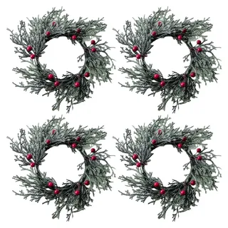 jojofuny 4 Stück Kerzenringe Weihnachten Kränze mit Roten Beeren und Nadeln | Wiederverwendbare PVC Dekoration in Verschneiter Optik für Festtafeln Winterliche Arrangements Und Saisonale Wohndekoration