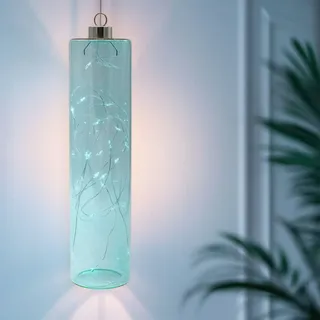 Led Glas Pendelleuchte Petrol Blau Mit Timer - 24 X 6 Cm - Deko Hängelampe Batterie Betrieben Warm Weiß Beleuchtet