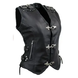 Alpha Speeds Motorradweste Damen Motorradkutte Bikerweste Lederkutte-/ Lederweste Schwarz (2-Schnallen / Karneval Weste) mit Leder Schnüre genschnürt XS