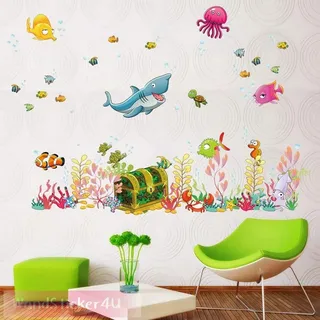 WandSticker4U®- Wandtattoo UNTERWASSERWELT mit Schatztruhe I Wandbilder: 122x68 cm I Wasserfest Fliesen-aufkleber Bad Fische Meer Tiere I Wand Deko für Badezimmer Kinder-zimmer GROß