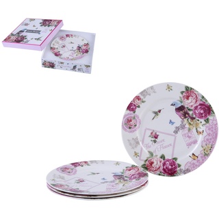 London Boutique Side Plate Kuchenteller-Set aus Porzellan, mit breitem Rand, Shabby Chic, Vogel, Rose, Schmetterling, 4 Stück