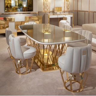 Casa Padrino Luxus Designer Esszimmer Set Elfenbeinfarben / Gold - 1 Esstisch & 6 Esszimmerstühle - Luxus Designer Esszimmermöbel - Hotel Möbel - Luxus Qualität - Made in Italy
