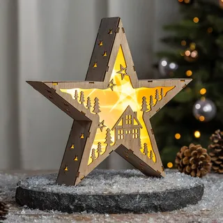 LED Weihnachts Stern aus Holz 30 cm - Motiv: Haus - Deko Aufsteller warm weiß beleuchtet - Weihnachten Advent Winter Stern Tisch Deko Beleuchtung Batterie betrieben