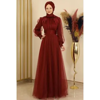fashionshowcase Tüllkleid Abendkleid mit Blumen Guipure-Details Abiye Abaya - Modest Fashion Maxilänge für besondere Anlässe rot 44(EU42)
