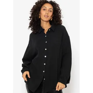 SASSYCLASSY Longbluse Oversize Musselin Bluse Damen kurz Langarm Elegant Hemdbluse lang aus Baumwolle mit V-Ausschnitt, One Size (Gr. 36-48) schwarz|weiß