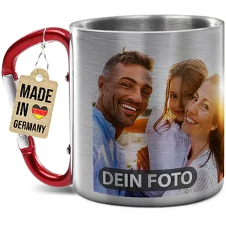 Tassendruck Personalisierte Karabiner Edelstahlbecher - mit Foto und Name selbst gestalten - Geschenk für Camper, Geburtstagsgeschenk für Wanderer - Edelstahltasse mit Karabinerhenkel rot, 200 ml