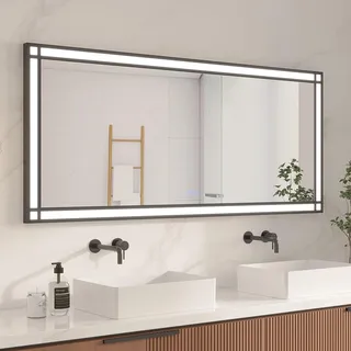 AQUABATOS großer LED Badspiegel mit Beleuchtung 160x70 cm Fensteroptik Fensterspiegel Lichtspiegel Badezimmer Aluminium Schwarzer Rahmen Industrial Style Dimmbare Kaltweiß Warmweiß Beschlagfrei