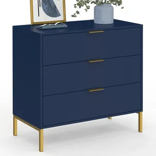 IDMarket - Kommode mit 3 Schubladen BLENIA 80 cm Nachtblau und vergoldete Beschläge