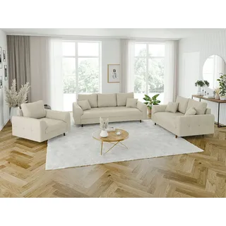 S-Style Möbel Polstergarnitur 3+2+1 Zara mit Braun Holzfüßen im skandinavischen Stil aus Cord-Stoff, (1x 3-Sitzer-Sofa, 1x 2-Sitzer-Sofa, 1x Sessel), mit Wellenfederung beige