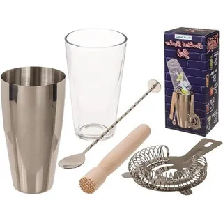 Famanu Cocktail Shaker Set - Edelstahlbecher und Glas - Holzstampfer - Löffel - Eisfilter - Geschenkverpackung