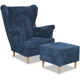 Family Meble Ohrensessel Cord mit Hocker, Modell Bonito, Skandinavisch, Relaxsessel aus Webstoff, Loungesessel, Sessel mit Fußstütze, Bequemer Sessel, Für Wohnzimmer, Esszimmer, Schlafzimmer, Blau