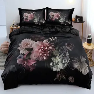 Luowei Bettwäsche 155x220 Schwarz Blumen Vintage Aesthetic Artistisch mit 80x80 Reißverschluss Kissenbezüge, Mikrofaser