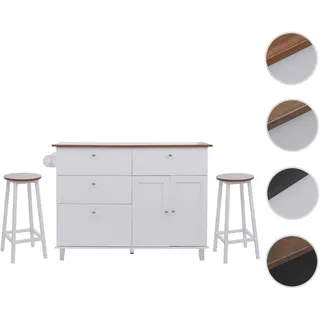 Kücheninsel HWC-P62 mit 2 Sitzhockern, Küchenschrank Schublade Staufächer MDF 90x131x47cm ~ weiß, helles Holz