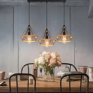iDEGU 3-flammig Hängelampe 25CM Industrie Pendelleuchte Vintage Lampenschirme aus Metall Hanfseil Käfig Design Retro E27 Schwarz Pendelleuchte für Esszimmer Wohnzimmer (3-flammig Hängeleuchte, Balken)