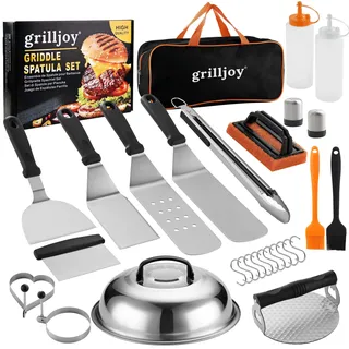 Grilljoy Plancha Zubehör Set Edelstahl, Grill Zubehör für Männer, Smash Burger Set mit Grillspachtel, Burgerpresse, 28TLG Grill Besteck für Plancha Grill, Grill Set für Indoor und Outdoor Küche