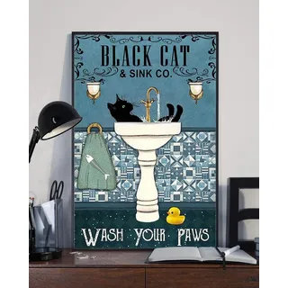 Schwarze Katze waschen Sie Ihre Pfote, lustiges Geschenk für Katzenliebhaber, Retro, Vintage, Badezimmer-Dekor, Poster, Wandkunst, Metallschild, Poster, 20,3 x 30,5 cm
