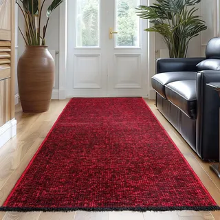 Carpetsale24, Baumwolle Teppich Läufer Rot 80x250 cm Waschbar, Boho-Stil, Vintage Kelim, Kurzflor, rutschfest & Weich, Einfarbig Meliert, Für Küche, Schlafzimmer & Flur