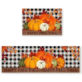 Herbstdeko Fußmatte, 2 Stück Herbst Kürbis Deko Fußmatte, Herbst Dekoration Fußmatte Willkommensmatte Für Innen Außen Deko, Bunt Teppich Rutschfeste Für Schlafzimmer, Wohnzimmer, Küche (Kürbis A)