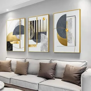 BDKCYO 3er Set Abstrakte Moderne Leinwandbilder Geometrie Schwarz Weiß Gold Wandbilder Wohnzimmer Schlafzimmer Deko Poster Leinwand Gold Kein Rahmen (A,50x70 cm)