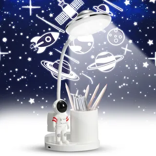 Schreibtischlampe Kinder, LED Leselampe, Nachttischlampe mit Stifthalter & Projektion, Schreibtischlampe Led Augenschutz, Wiederaufladbare Dimmbare Led Schreibtischlampes für Studie Lesen