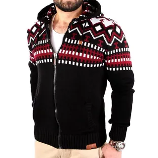 Reslad Strickpullover Reslad Herren Grobstrick Norweger Winter Strickjacke mit Kapuze RS-310 (1-tlg) Strickjacke Zipper Hoodie schwarz XXXL
